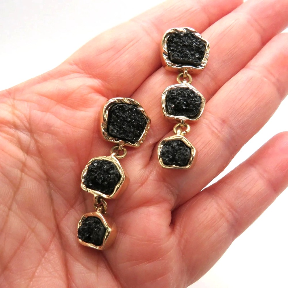 Sugarfix‎ BaubleBar Earrings Womens Gold Tone Black Druzy Dangle Drop Statement - Picture 2 of 9